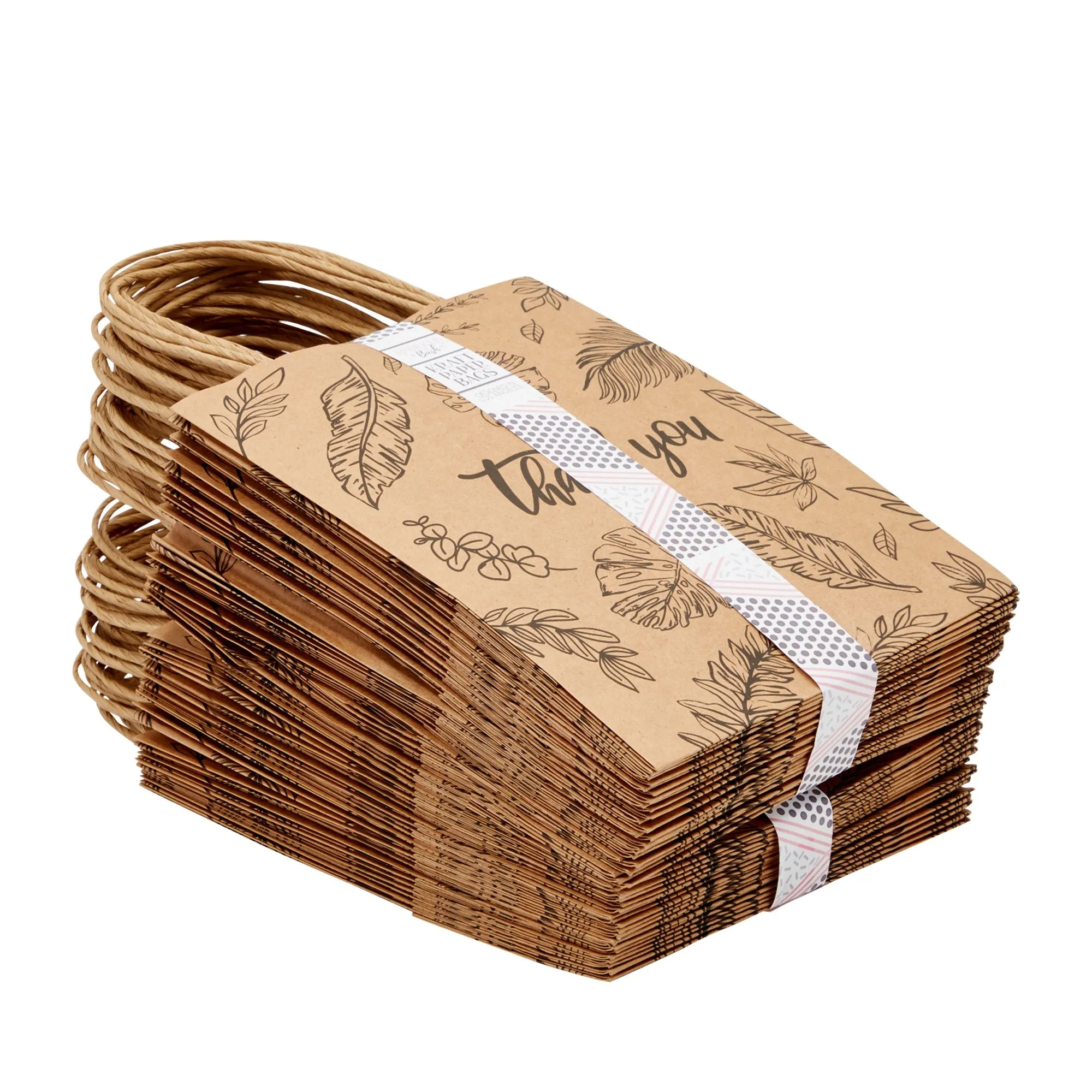 50 Pack Kraft Thank You Paper Bags with Handles for Gifts, Party Favors, Boutique, Leaf Design (8x10x4 In)