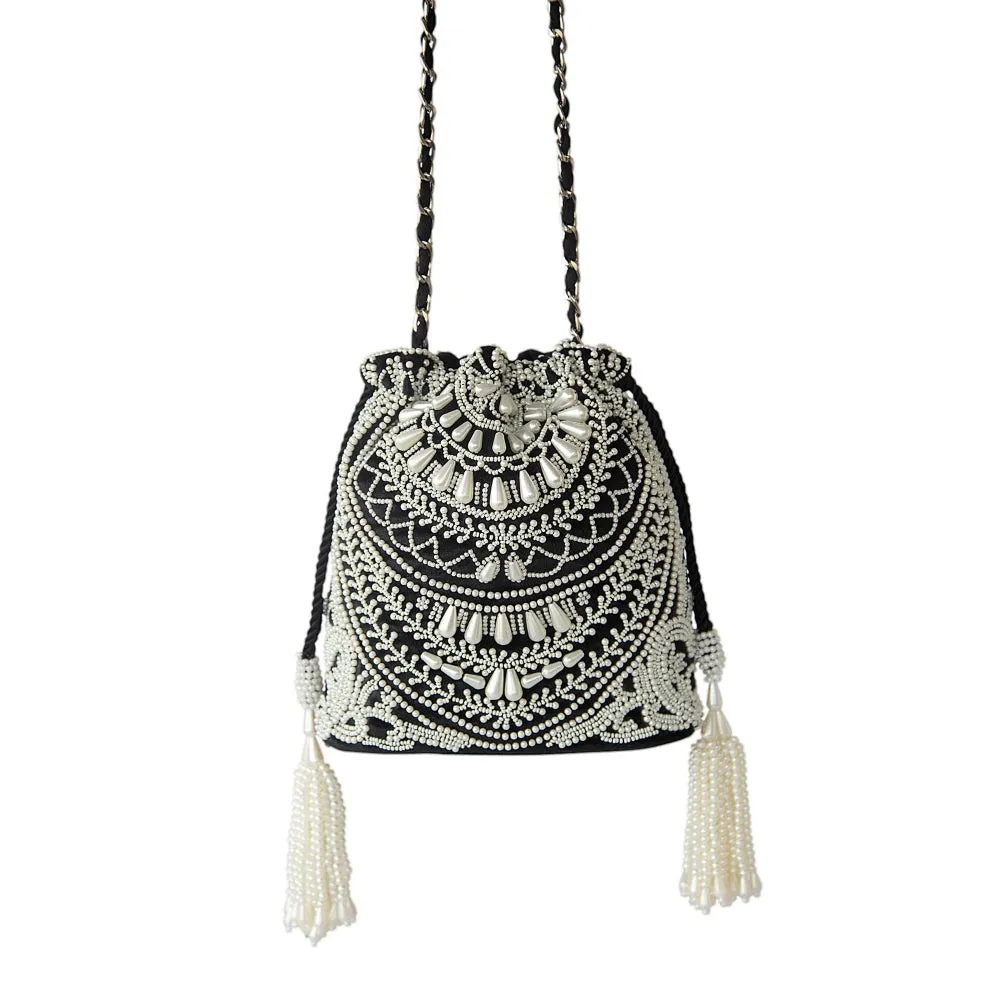 Adora By Ankita Black Velvet Pearl Necklace Bag