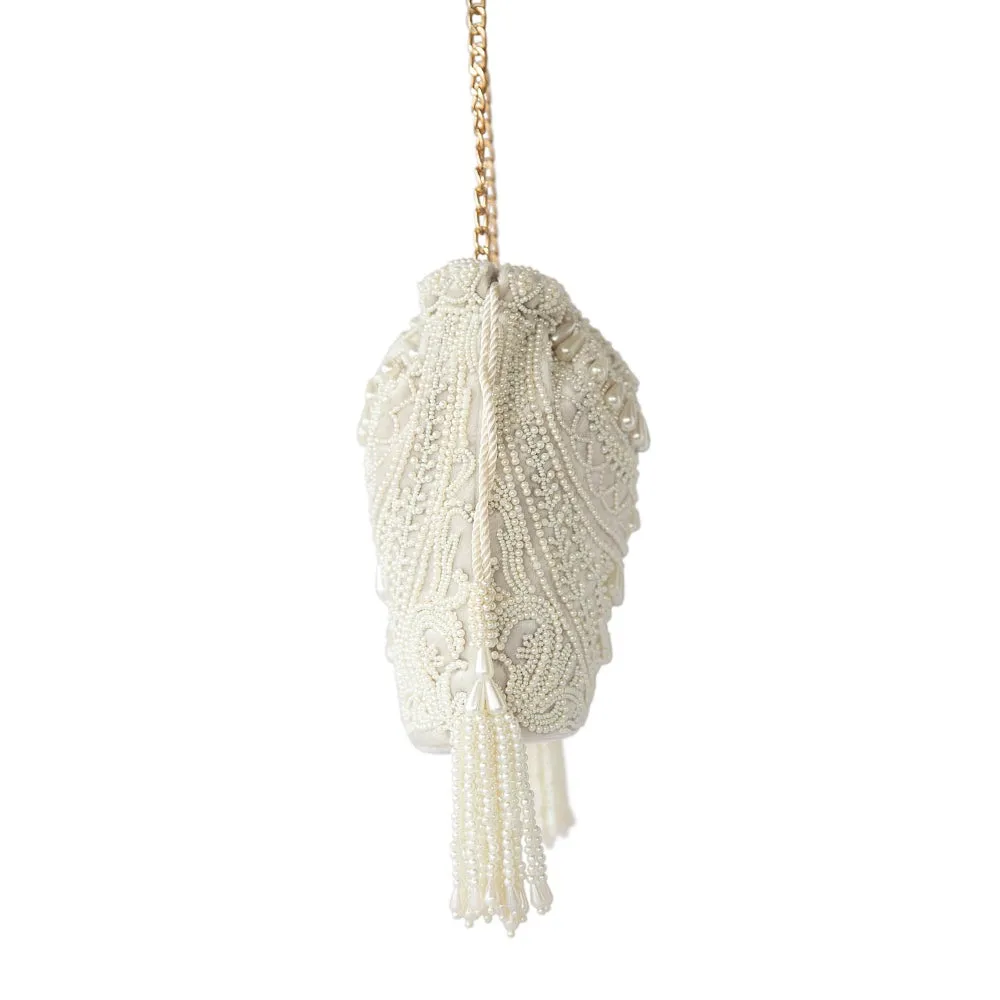 Adora By Ankita Cream Velvet Pearl Necklace Bag