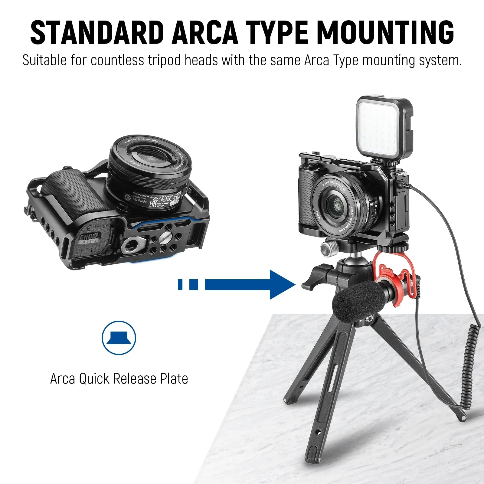 Aluminum Camera Cage for Sony Zv E10 with Arca Plate 1/4 Threads and Cold Shoe Mounts