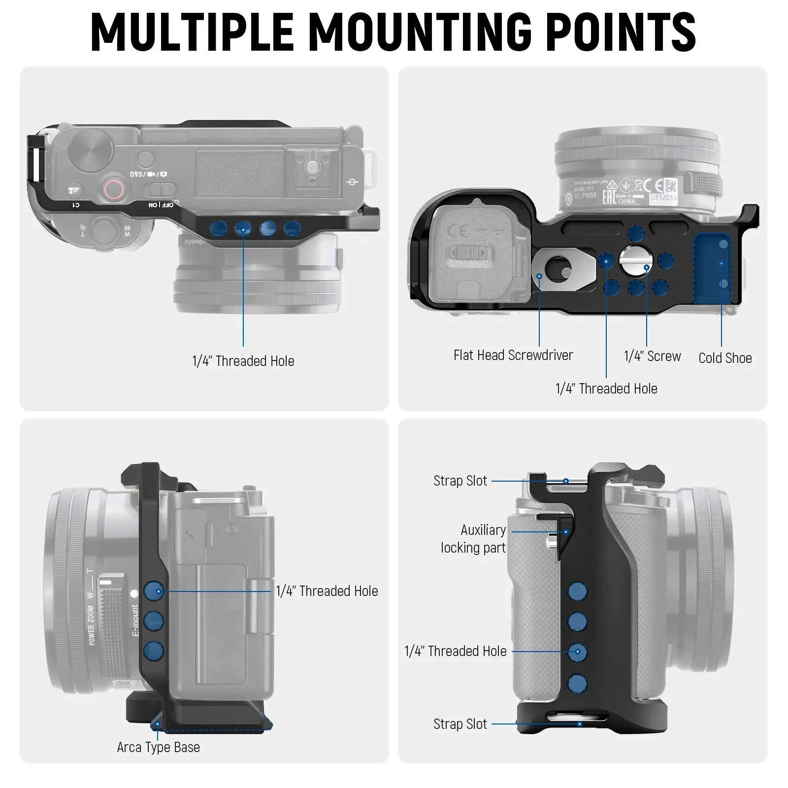 Aluminum Camera Cage for Sony Zv E10 with Arca Plate 1/4 Threads and Cold Shoe Mounts