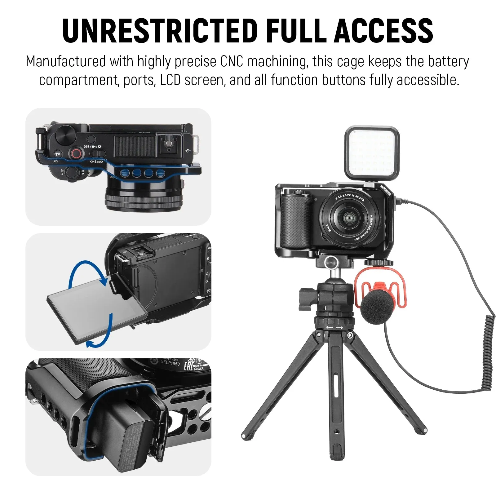 Aluminum Camera Cage for Sony Zv E10 with Arca Plate 1/4 Threads and Cold Shoe Mounts