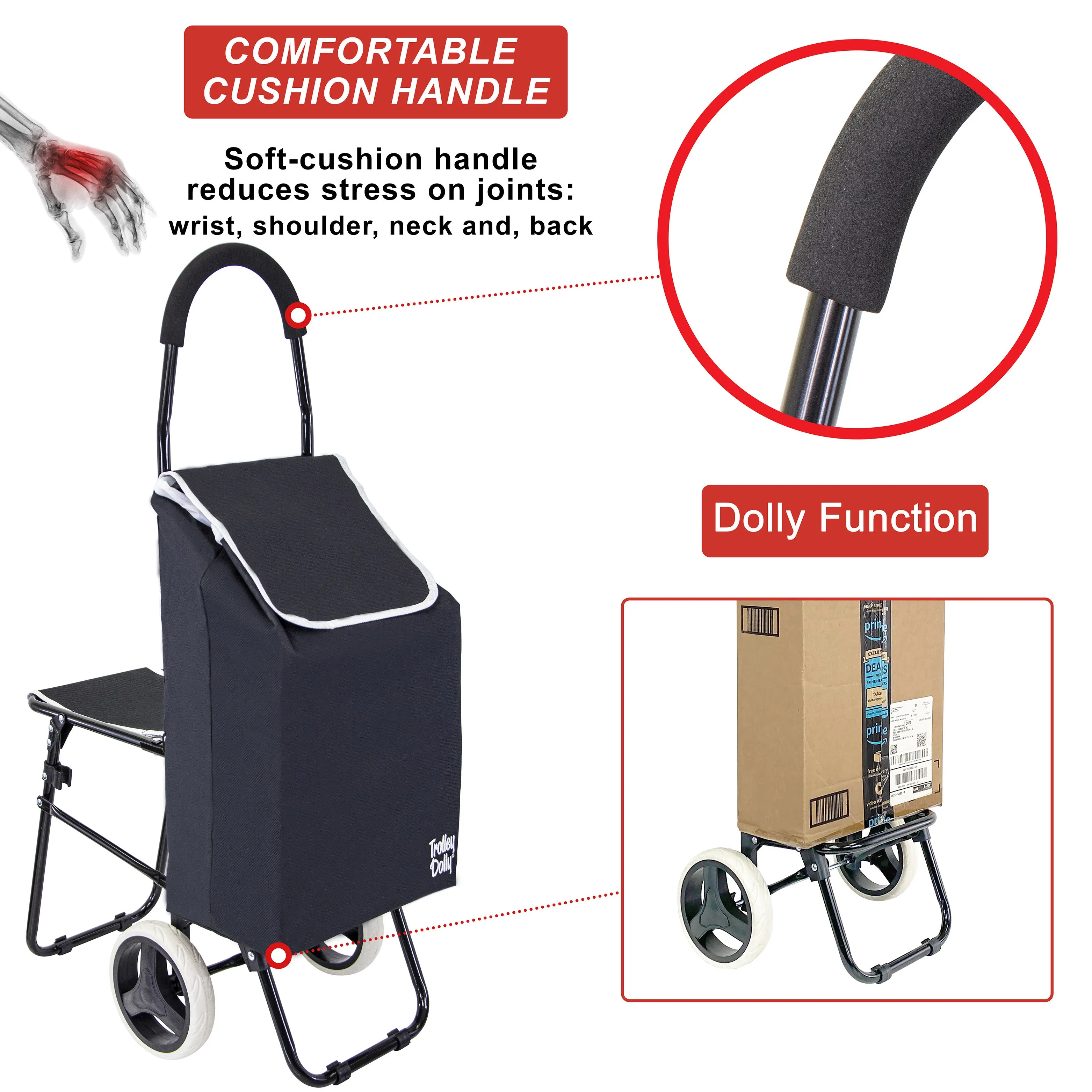dbest products Trolley Dolly with Seat Sport, Black Shopping Grocery Foldable Cart Tailgate