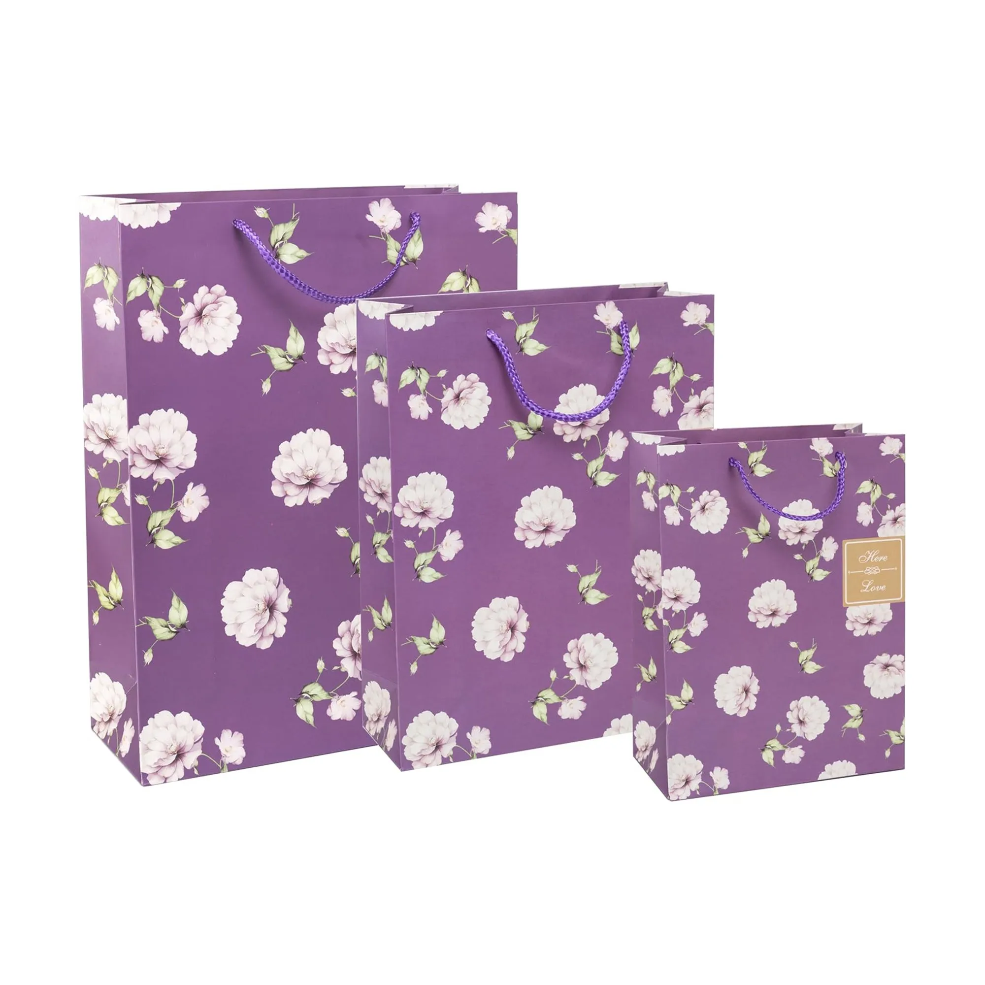 Elegant Floral Purple Gift Bags - Set of 3 Different Sizes