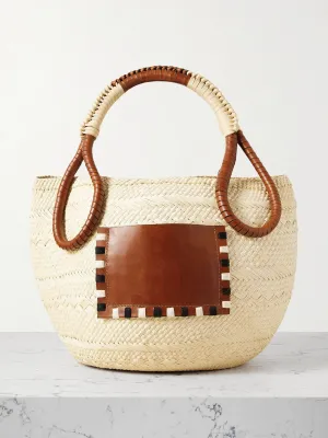 Leather-trimmed raffia totebag