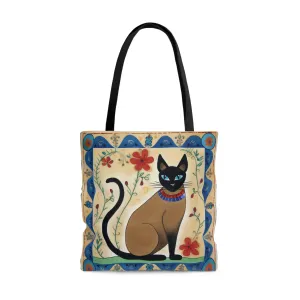 Siamese Cat with Floral Border Tote Bag - Cute Cottagecore Totebag Makes the Perfect Gift