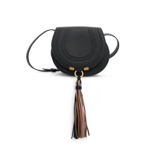 Small Marcie Saddle Bag with Suede & Nappa Tassel in Black