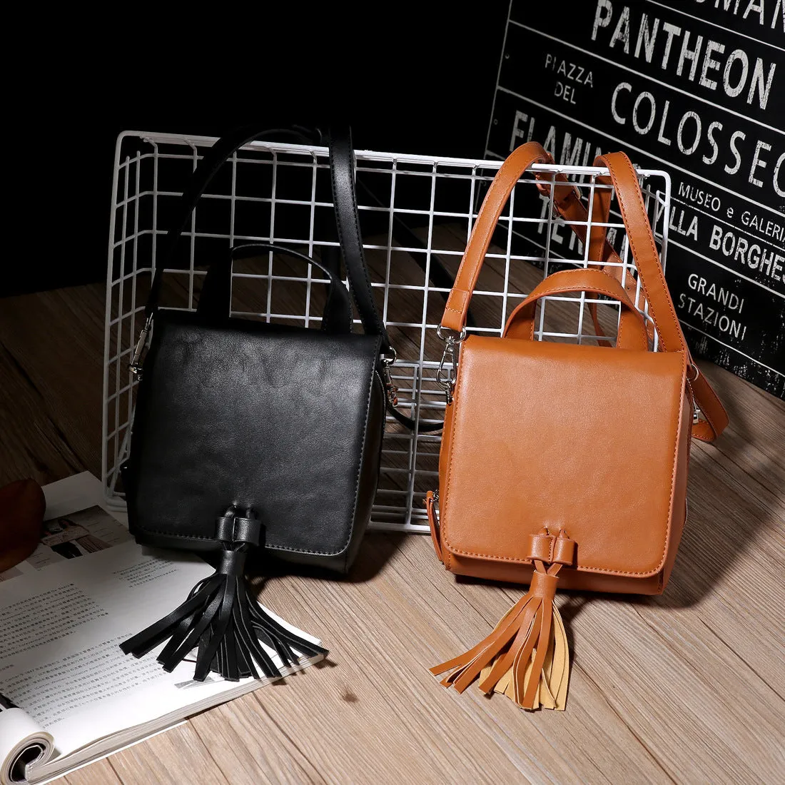 Sohiwoo Solid Color Crossbody Flap Bag Tassel Decor Handbags Fashion Versatile Shoulder Bag