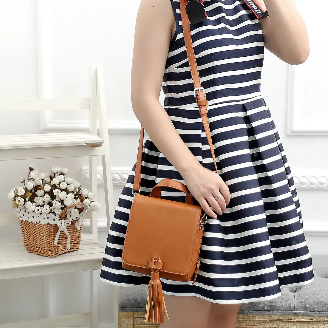 Sohiwoo Solid Color Crossbody Flap Bag Tassel Decor Handbags Fashion Versatile Shoulder Bag