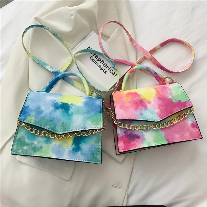 Watercolor Small Square Shoulder Crossbody Bag with Gold Chain