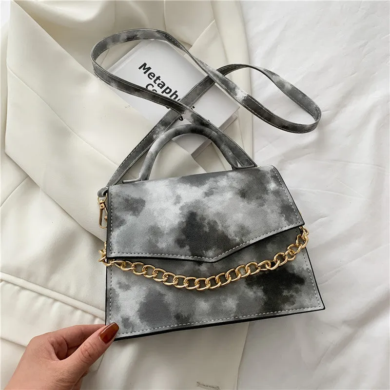 Watercolor Small Square Shoulder Crossbody Bag with Gold Chain
